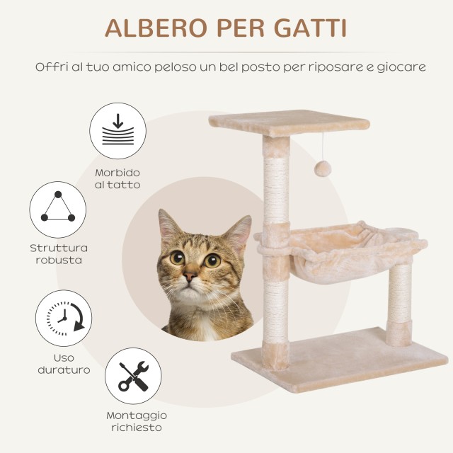 PawHut Tower for Cats max 3,6kg με αιώρα και κρεμαστή μπάλα, σε ξύλο και βελούδινο, 50x36x70 cm, μπεζ D30-215