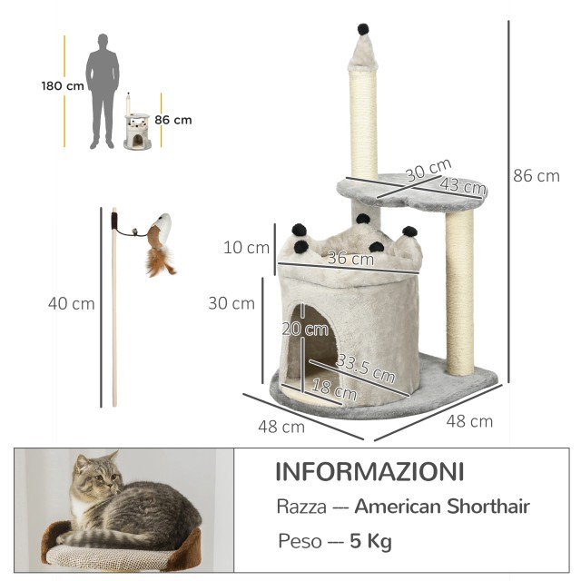 PawHut Scratching Tree για γάτες με σπίτι και κρεβάτι, βελούδινο και κάλυμμα παιχνιδιού, 48x48x86cm, γκρι D30-715V00GY