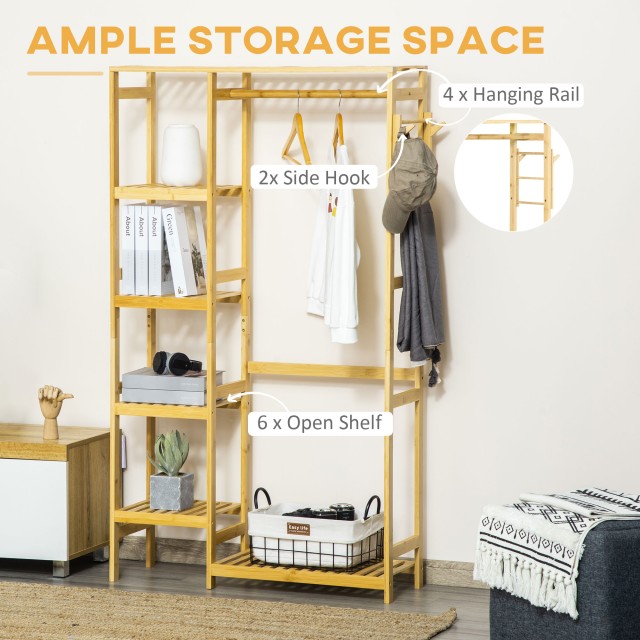 Στάντ HOMCOM Bamboo Wood Coat Stand με Πλαϊνά Ράφια, 90x30x155cm 850-158