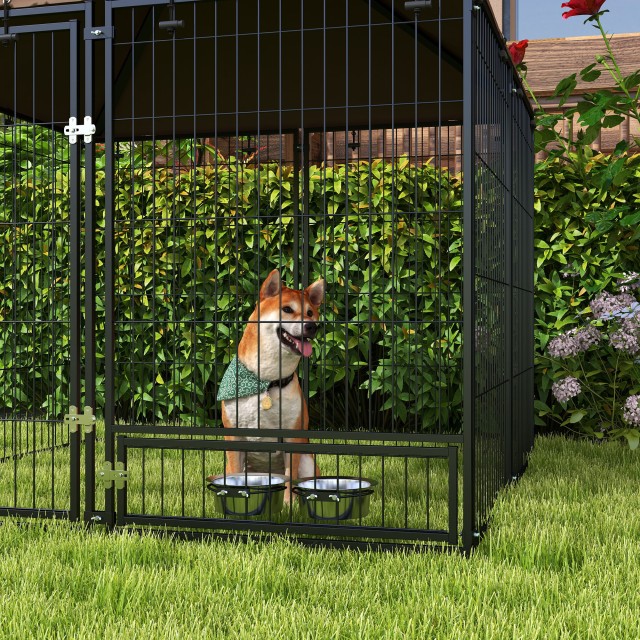 Dog Run από μέταλλο και ύφασμα Oxford με πόρτα για μπολ, 141x141x151 cm, μαύρο και καφέ D02-057V01CF