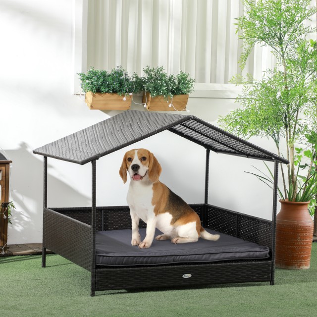 PawHut Raised Dog House με αφαιρούμενο μαξιλάρι, σε PE Rattan and Steel, 117x85x89 cm, Γκρι και Καφέ D02-184V00DR