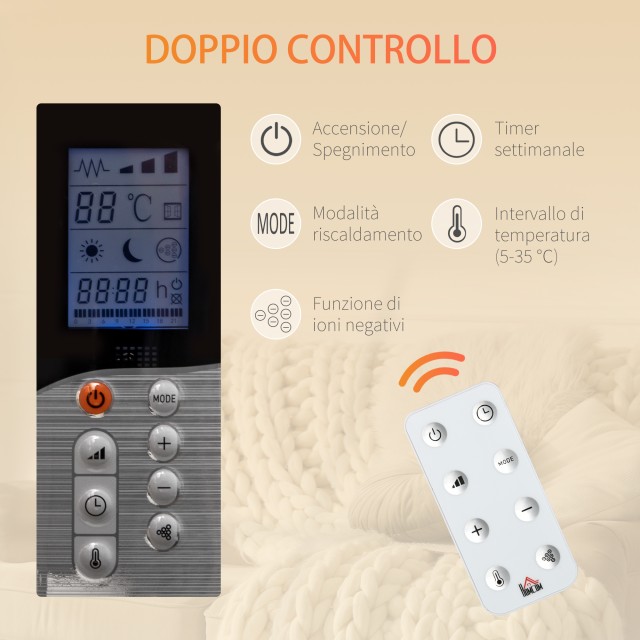 Ηλεκτρική θερμάστρα HOMCOM 1000/2000W με χρονοδιακόπτη και ρυθμίσεις θερμότητας για δωμάτια έως 15 m², 75x31x66,5 cm, Λευκό 820-336V90WT