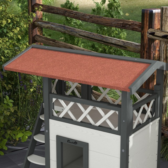 PawHut Outdoor Cat House με Βεράντα και Ξύλινη Σκάλα, 77x50x73cm, Λ...