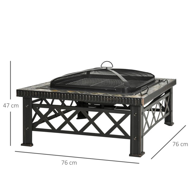 Outsunny Garden Fire Pit με καπάκι σπινθήρα και μεταλλική ψησταριά 76x76x47cm Μαύρο 842-170