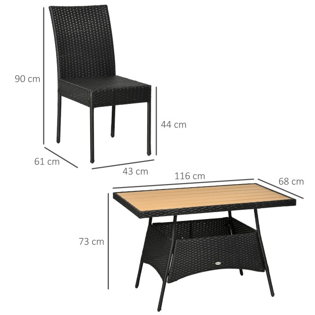 Outsunny Steel and PE Rattan Τραπέζι κήπου εξωτερικού χώρου και σετ 4 καρεκλών, μαύρο 861-063V00BK