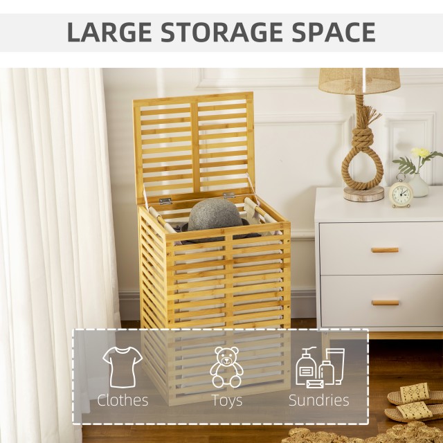 Καλάθι ρούχων HOMCOM Bamboo με καπάκι και αφαιρούμενη και πλενόμενη τσάντα από πολυεστέρα, 44x37x62,5 cm, χρώμα ξύλου 850-217V00ND