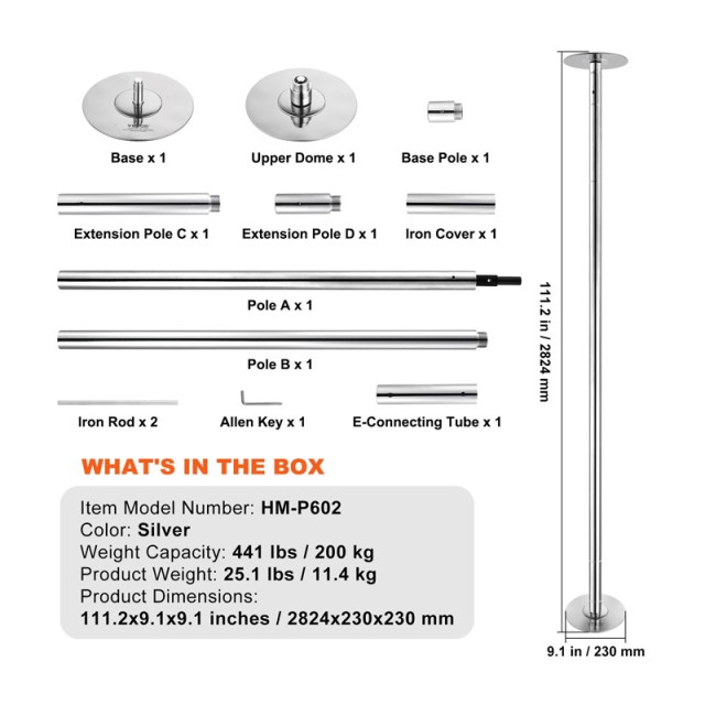 Στύλος Pole Dancing από Ανοξείδωτο Ατσάλι 2226-2824 mm VEVOR DBDJYXYS8610L449GV0