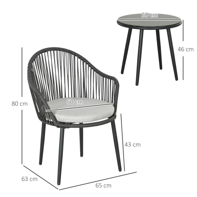 Outsunny Rattan Garden Lounge με 2 πολυθρόνες με μαξιλάρια και γυάλινο τραπεζάκι σαλονιού, γκρι 863-137V00CG