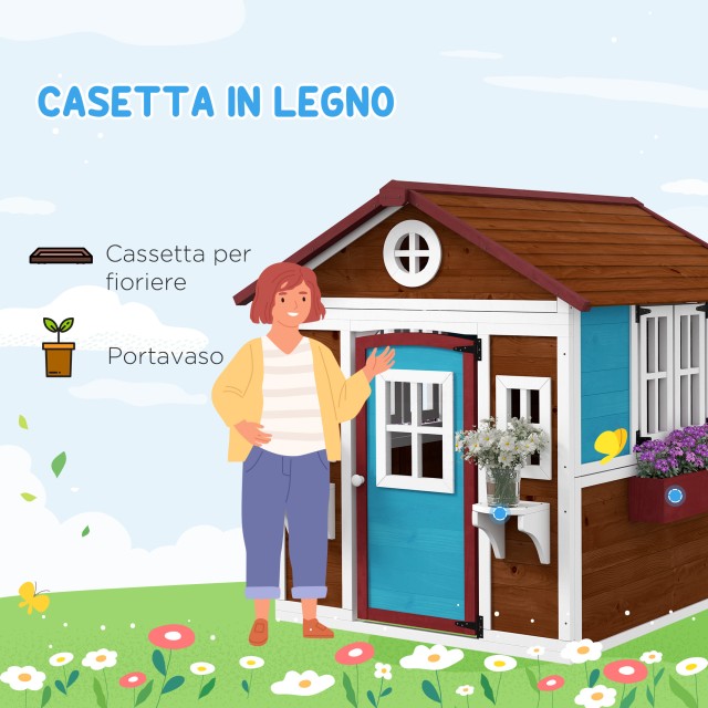 Outsunny Playhouse για παιδιά 3-8 ετών με επικλινή στέγη, γλάστρες και ζαρντινιέρες, σε ξύλο ελάτης, 114x126,4x135 cm 345-027V00DR