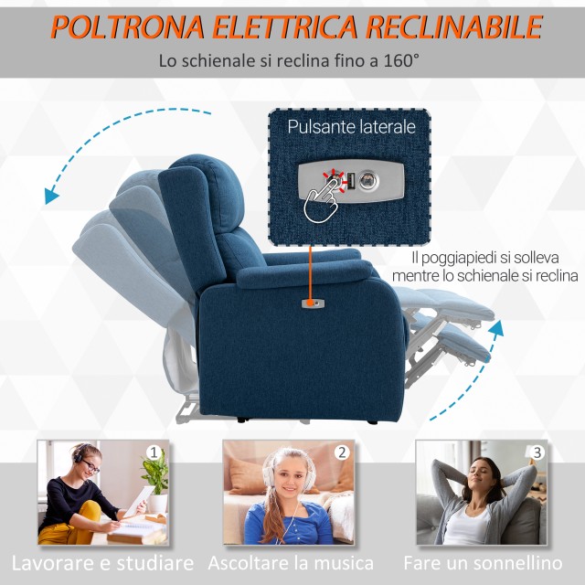 Πολυθρόνα HOMCOM Electric Relax με ανακλινόμενη πλάτη 160°, στήριγμα ποδιών και θύρα USB, μπλε λινό 833-844