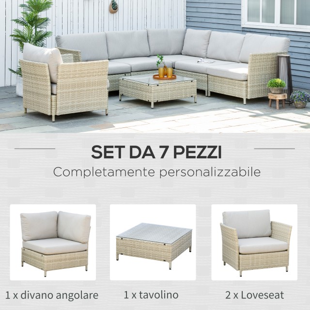 Outsunny 7 τεμαχίων Modular PE Rattan Garden Lounge σετ με μαξιλάρια, μπεζ 860-253V00BG