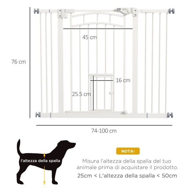 PawHut Dog Gate για Μικρά και Μεσαία Μεγέθη με Αυτόματο Κλείσιμο, σε Ατσάλι και PA, 74-100x76 cm, Λευκό D06-212V01WT