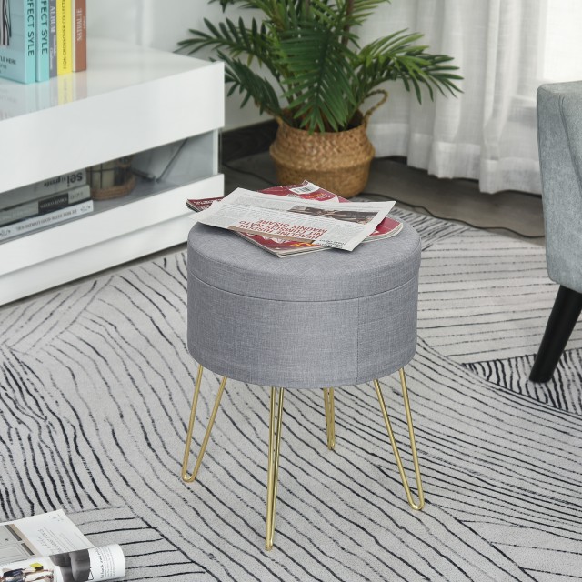 HOMCOM 2 in 1 Storage Ottoman με λειτουργία σκαμπό και τραπεζάκι σαλονιού, σε ξύλο και γκρι ύφασμα, μέταλλο με χρυσό φινίρισμα, 36x36x45 cm 838-033V70