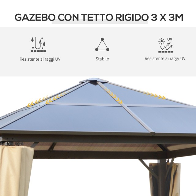 Outsunny Garden Gazebo 2,94x2,94m με πολυανθρακική στέγη και κουνουπιέρες, Caff? και Χακί 84C-347