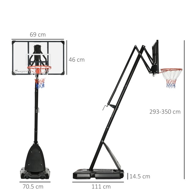 SPORTNOW Ατσάλινο στεφάνι μπάσκετ, ρυθμιζόμενο σε ύψος και φορητό με σανίδα και ρόδες, 107x70cm, μαύρο και κόκκινο A61-045V00BK