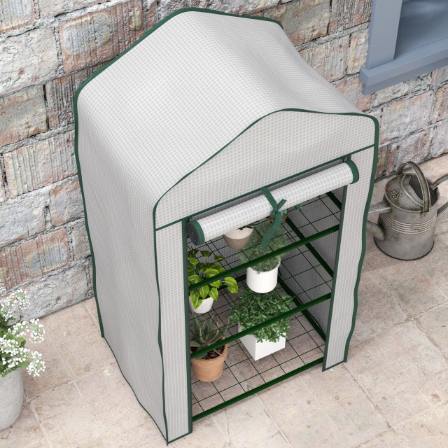 Outsunny Mini Garden Greenhouse με κάλυμμα PE, 3 ράφια και ρολό, 59...