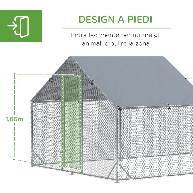 PawHut Garden κοτέτσι για 15-18 κοτόπουλα από γαλβανισμένο χάλυβα και πολυαιθυλένιο με υπόστεγο και κλειδαριά, 600x300x195 cm D51-345V00SR