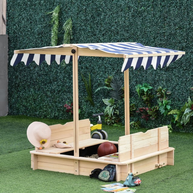 Outsunny Sandpit για Παιδιά σε Ξύλο με Αντηλιακό, Πάγκο και Καπάκι, 106x106x121cm Λευκό και Μπλε 343-029