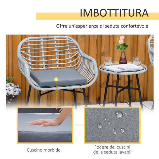 Σετ Έπιπλα Κήπου Outsunny σε PE Rattan με 2 καρέκλες και Τραπεζάκι σαλονιού με γυάλινο ράφι, γκρι 863-085