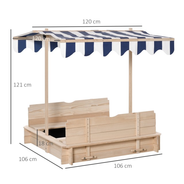 Outsunny Sandpit για Παιδιά σε Ξύλο με Αντηλιακό, Πάγκο και Καπάκι, 106x106x121cm Λευκό και Μπλε 343-029