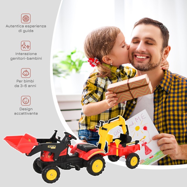 HOMCOM Toy Truck with Pedals, Ride-on Excavator για Παιδιά με Φτυάρια και Τιμόνι, 179x42x59cm Πολύχρωμο 341-033