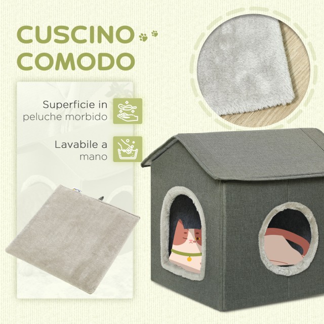 PawHut Cat House με Πλενόμενα Μαξιλάρια 2 Είσοδοι, 39x43,5x40,5cm Γκρι D30-630V00GY