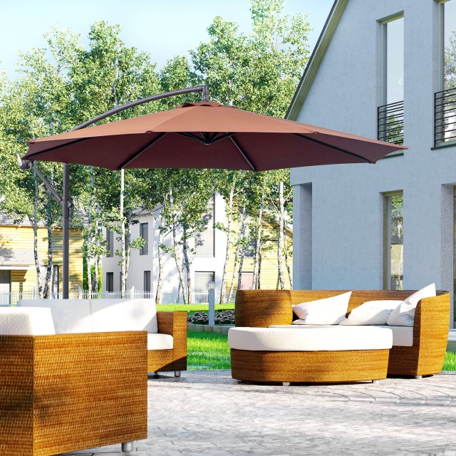 Outsunny Metal Polyester Off-centred Parasol Garden with Tilting Angle, Coffee, Φ3×2,6m 01-0585