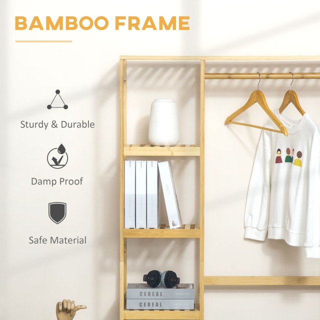 Στάντ HOMCOM Bamboo Wood Coat Stand με Πλαϊνά Ράφια, 90x30x155cm 85...