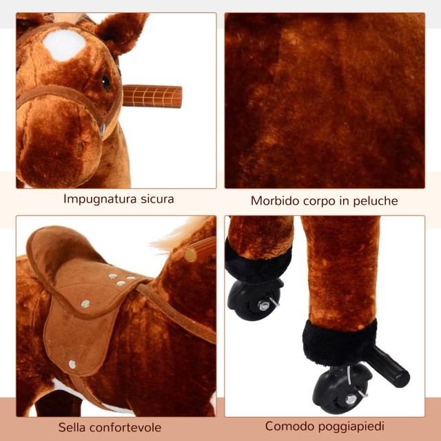 HomCom Ride-on Horse Λούτρινο παιχνίδι με ήχους και ρόδες για παιδιά, καφέ 330-016BN