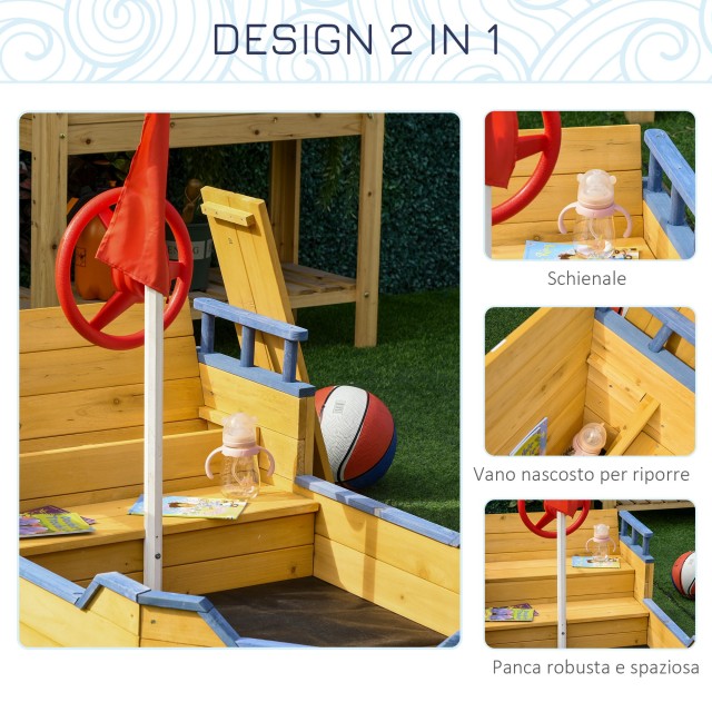 Outsunny Pirate Ship Ξύλινο Sandpit για Παιδιά με Αποθηκευτικό χώρο, 158x78x45,5cm 343-022V01