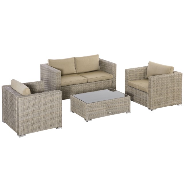 Σετ Έπιπλα Κήπου Outsunny 4 τεμαχίων σε PE Rattan, Σαλόνι εξωτερικού χώρου με 1 Καναπέ, 2 Πολυθρόνες, 1 Τραπεζάκι σαλονιού και Αποσπώμενα και Πλενόμενα Μαξιλάρια, Χακί και Μπεζ 860-211