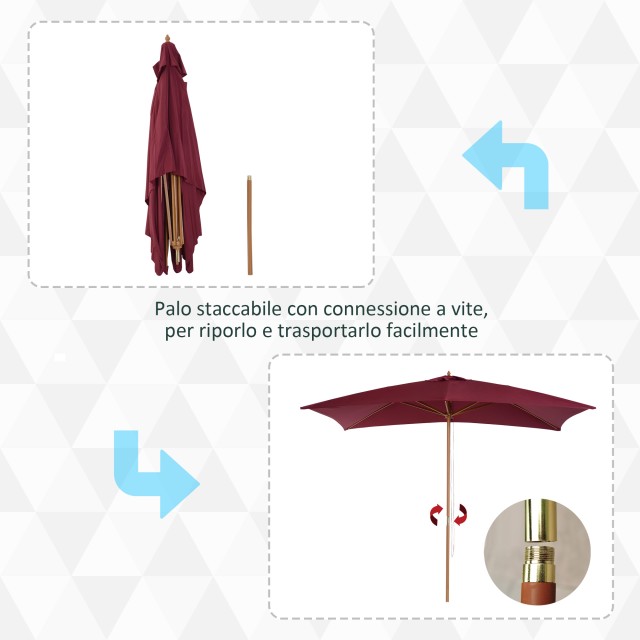 Outsunny Parasol in Wood, 2x3m, Bordeaux 01-0581
