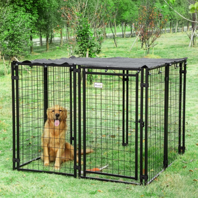 PawHut Foldable Dog Run με κάλυμμα, 8 πάνελ με πόρτα που κλειδώνει, 141x141x113cm, Μαύρο D02-095