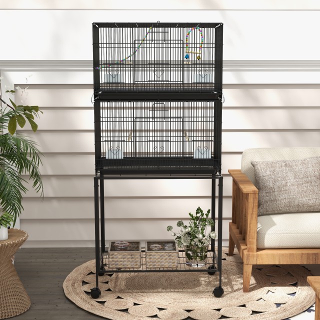 PawHut Bird Cage κατασκευασμένο από ατσάλι και PP, Στοιβαγμένο σχέδιο με κούρνιες, κούνιες και σκάλες, 77x46x164 cm, μαύρο D10-094V02BK
