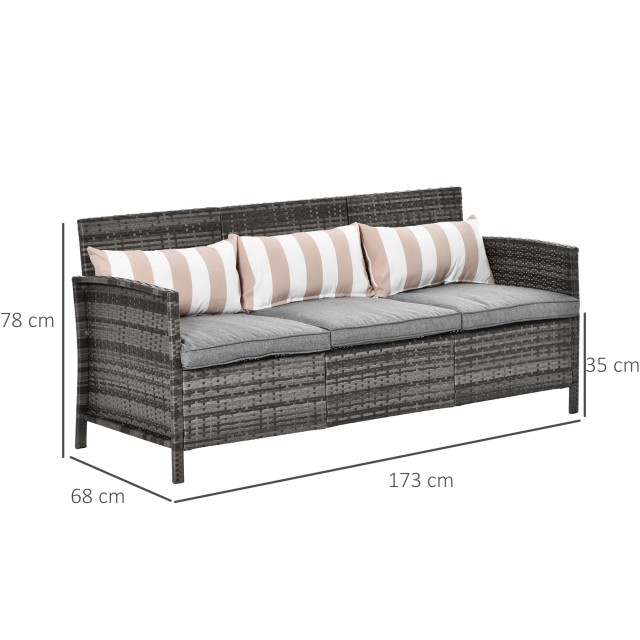 Outsunny 3-θέσιος καναπές εξωτερικού χώρου σε Rattan (PE) με επένδυση και αφαιρούμενα μαξιλάρια, Κήπος/Βεράντα, 173x68x78cm 860-085