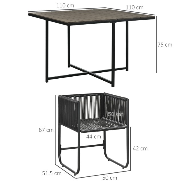 Outsunny Σετ κήπου 5 τεμαχίων PE Rattan and Steel, 4 καρέκλες εξωτερικού χώρου με μαξιλάρια και ορθογώνιο τραπέζι 861-061V00GY