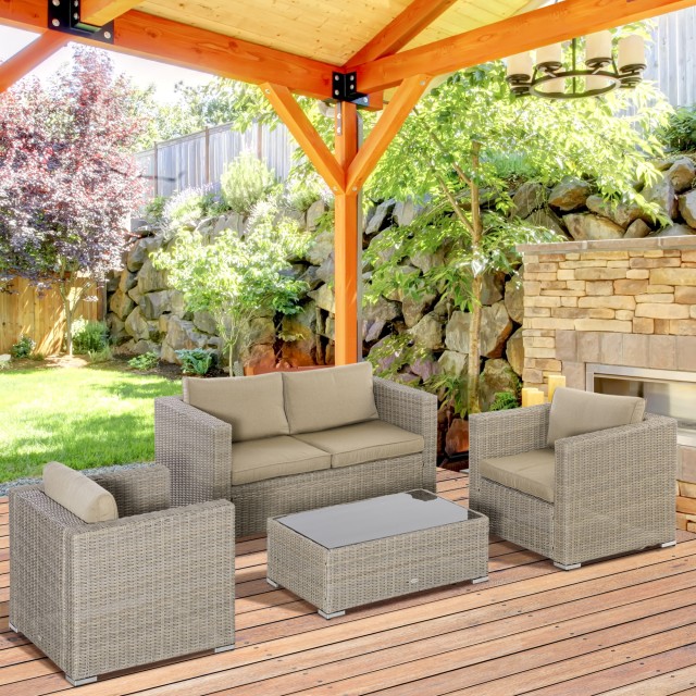 Σετ Έπιπλα Κήπου Outsunny 4 τεμαχίων σε PE Rattan, Σαλόνι εξωτερικού χώρου με 1 Καναπέ, 2 Πολυθρόνες, 1 Τραπεζάκι σαλονιού και Αποσπώμενα και Πλενόμενα Μαξιλάρια, Χακί και Μπεζ 860-211