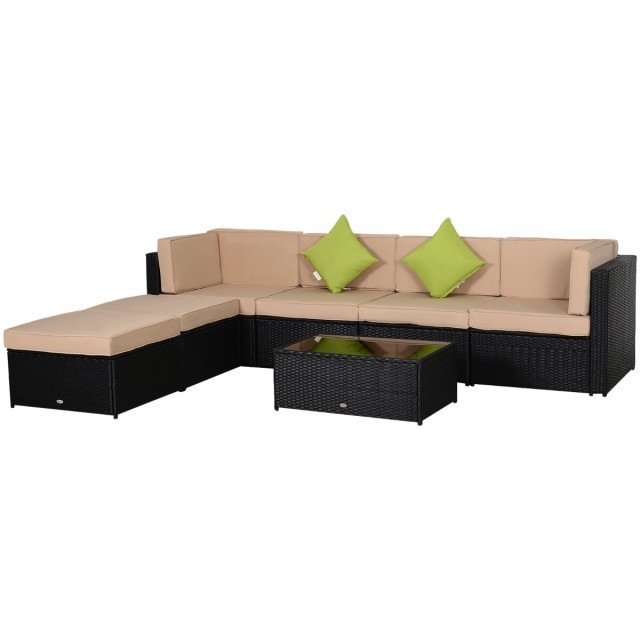 Outsunny Garden Lounge σε PE Rattan 7 τεμαχίων με καναπέ πουφ Τραπεζάκι σαλονιού μαύρο με χακί και πράσινα μαξιλάρια 860-002V02