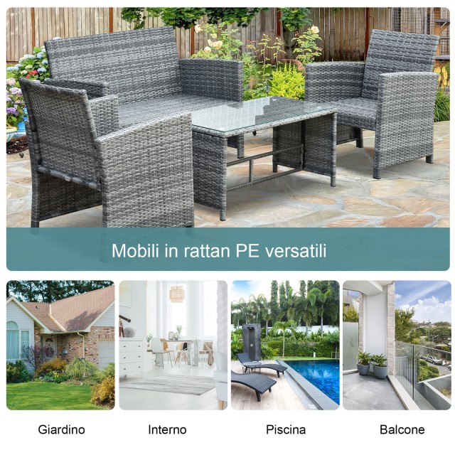 Σετ έπιπλα κήπου Outsunny σε καναπέ PE Rattan και 2 πολυθρόνες με τραπεζάκι σαλονιού και μαξιλάρια γκρι 841-173