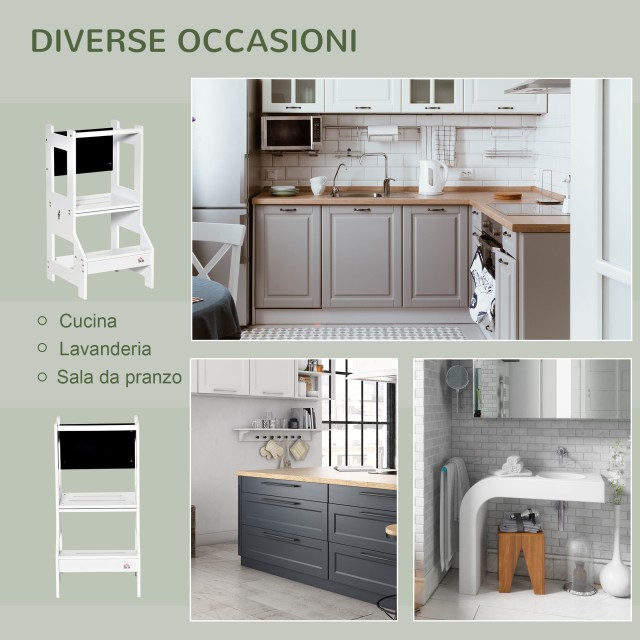 Qaba Montessori 2 σε 1 Αποσπώμενη σκάλα MDF, με σκαμπό, Περιλαμβάνεται μαυροπίνακας, για παιδιά 3-6 ετών, λευκό 312-052
