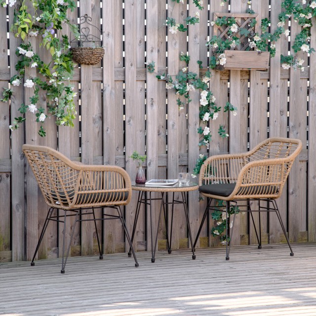 Σετ έπιπλα κήπου Outsunny σε PE Rattan, 2 καρέκλες με μαξιλάρια και τραπεζάκι σαλονιού με γυάλινη κορυφή, γκρι 863-096