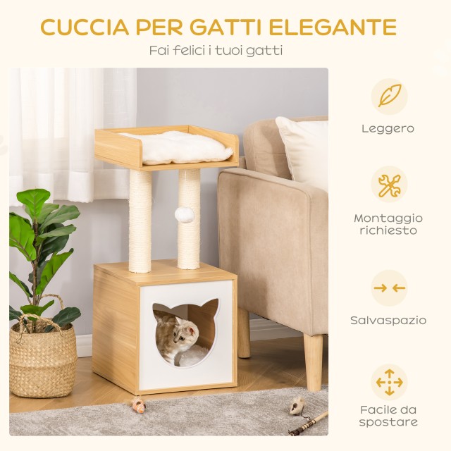 PawHut Cat House με γρατσουνιές σιζάλ, μαξιλάρια και μπάλα που πλένονται, 35x35x81cm, δρυς D30-435