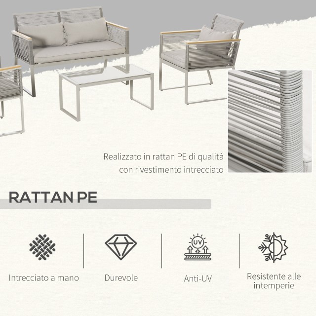 Outsunny σετ κήπου 4 τεμαχίων σε PE Rattan με 2 πολυθρόνες, καναπέ και τραπεζάκι σαλονιού σε γκρι Tempered Glass 867-100