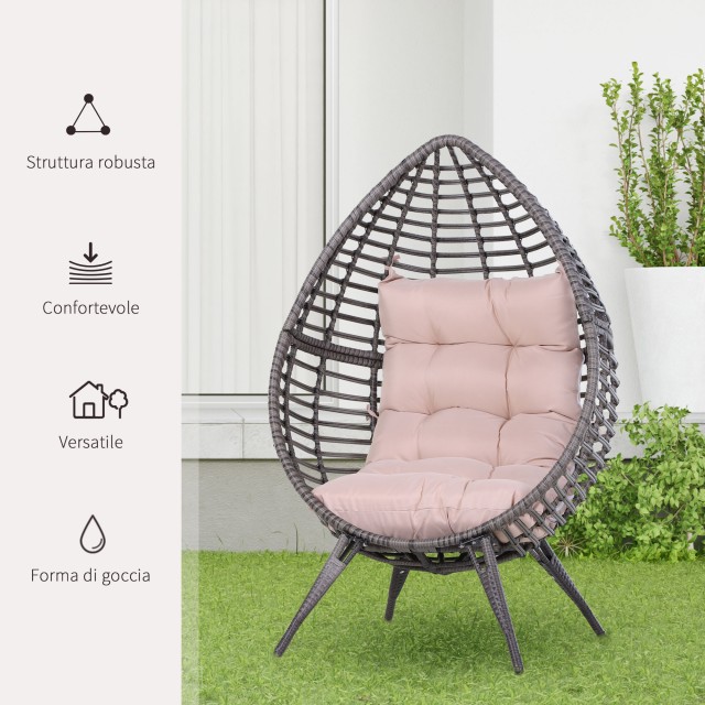 Πολυθρόνα Outsunny σε PE Rattan Grey με μαλακό μπεζ μαξιλάρι για εξωτερικούς και εσωτερικούς χώρους 867-047GY