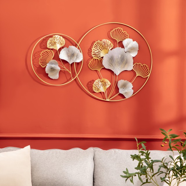 HOMCOM 3D Μεταλλική Διακόσμηση Τοίχων, Golden Ginkgo Wall Art σε δύο στρογγυλά πλαίσια, 138x70cm, χρυσό και ασήμι 830-652V00MX