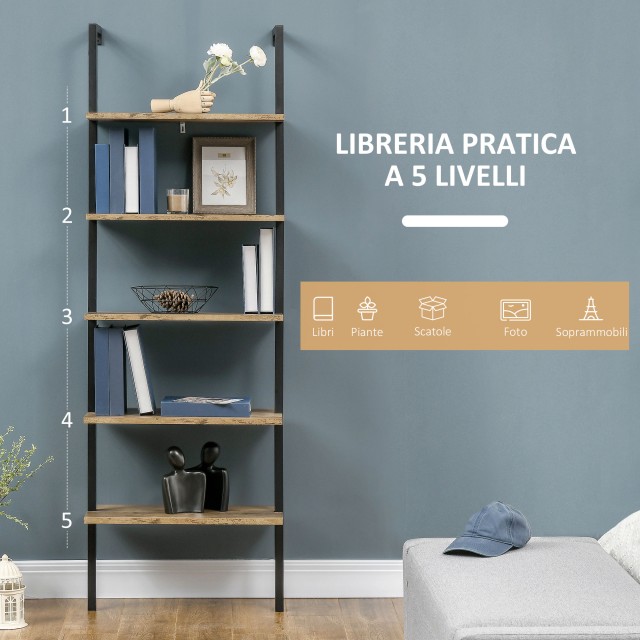 Βιβλιοθήκη HOMCOM Ladder με 5 ράφια σε βιομηχανικό στυλ σε ξύλο και μέταλλο, 60x30x184,5cm, καφέ 838-111