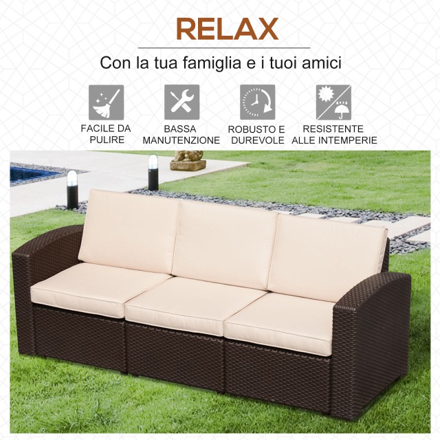 Outsunny 3θέσιος καναπές εξωτερικού χώρου σε PE Rattan με μαξιλάρια, καφέ, 199x71x75cm 84B-160