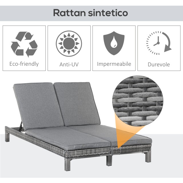 Outsunny 2θέσια ξαπλώστρα σε PE Rattan με γκρι στρώμα 196 x 120 x 28 cm 862-023GY