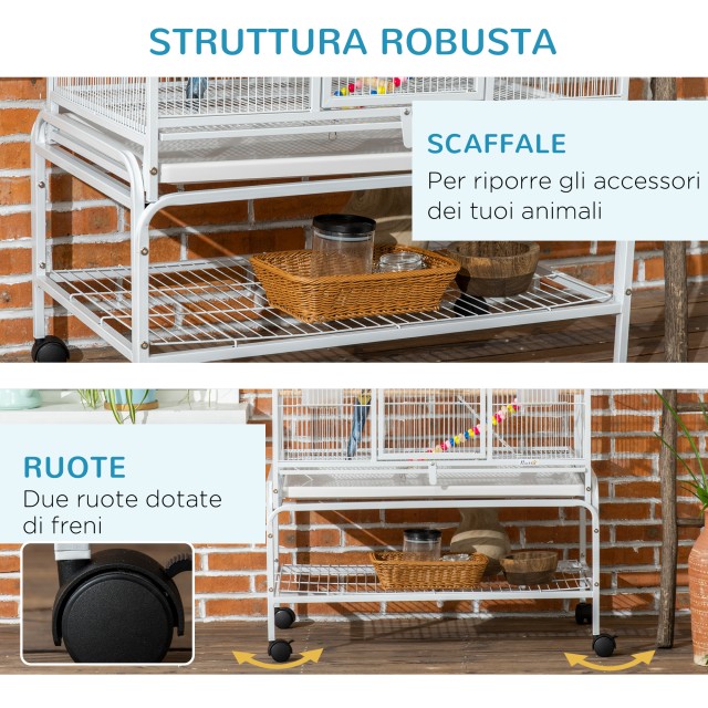 PawHut Bird Cage από ατσάλι και PP με κουρτίνες, παιχνίδια, δοχεία φαγητού και δίσκο, 83x53x180 cm, λευκό D10-089V00WT