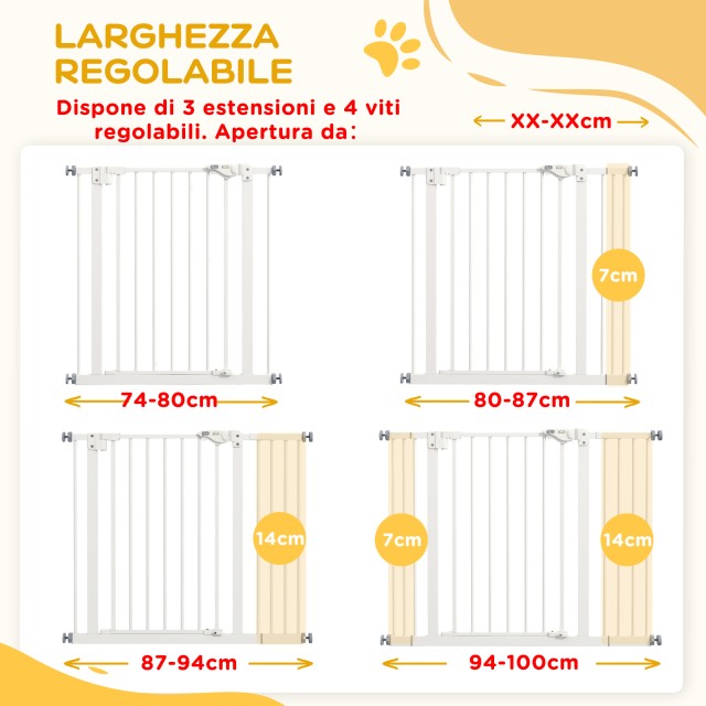 PawHut Ρυθμιζόμενη πύλη σκύλου έως 100 cm χωρίς βίδες με 2 προεκτάσεις και ύψος 72 cm, λευκό D06-096V04WT